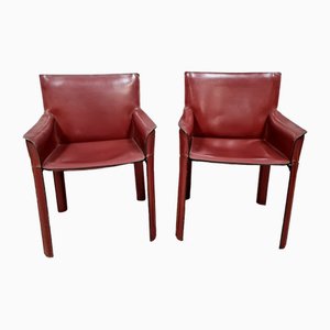 Cab 413 Armchairs in Oxblood Leather by Mario Bellini for Cassina, 1970, Set of 2