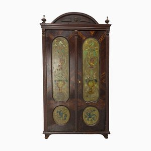 19th Century French Painted Patinated Oak Armoire in Floral Paints