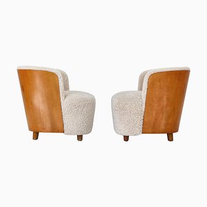 Modern Scandinavian Sheepskin and Pear Tree Easy Chairs attributed to Rolf Engströmer, 1934, Set of 2
