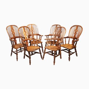 19th Century Yew Wood Windsor Armchairs, Set of 6