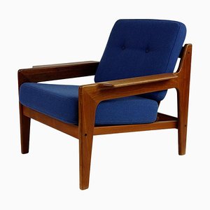 Scandinavian Modern Teak and Blue Fabric Armchair attributed to A.W. Iversen for Komfort, 1960s