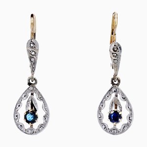 Boucles d'Oreilles Pendantes Saphir et Diamants en Or Blanc et Jaune 18 Carats, France, 1920s, Set de 2