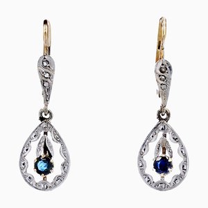 French Sapphire Diamonds 18 Karat Yellow White Gold Dangle Earrings, 1920s, Set of 2