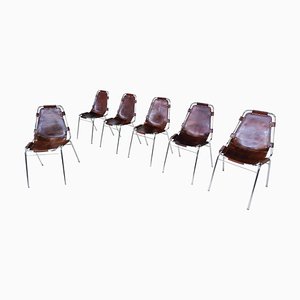 Mid-Century Modern Leather Chairs by Les Arcs attributed to Charlotte Perriand, 1960s, Set of 6