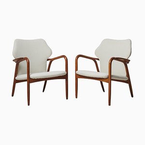 Swedish Modern Upholstered White Armchairs, 1950s, Set of 2
