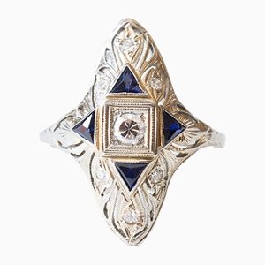 Art Deco 18k White Gold Diamond & Sapphire Ring, 1930s