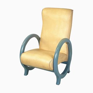 Moderner Italienischer Sessel aus Beigefarbenem Leder & Hellblauem Holz, 1980er