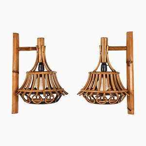 Lantern Sconces in Bamboo and Rattan in the style of Louis Sognot, Italy, 1960s, Set of 2