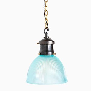 Industrial Blue Prismatic Glass and Cast Iron Pendant Lights by Holophane, 1890s