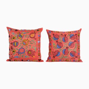 Suzani Silk Hand Embroidery Peach Orange Uzbek Cushion Covers, Set of 2