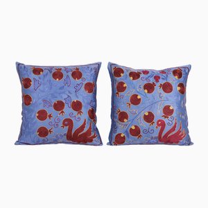 Traditional Navy Blue Silk Suzani Duck Cushion Covers, Uzbekistan, Set of 2