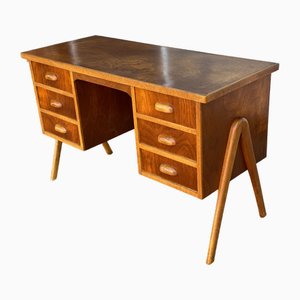 Art Deco Danish Teak and Oak Desk with 6 Drawers and Top of Nuts, 1940s