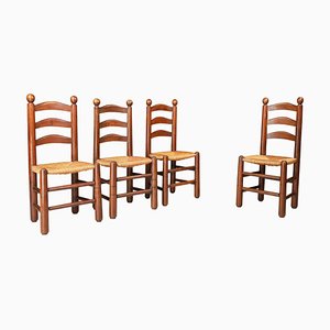 Dining Oak and Rush Chairs by Georges Robert, France, 1950s, Set of 4
