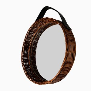 Round Leather and Rattan Mirror, 1950s