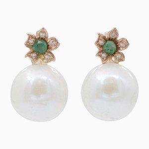 Rose Gold Earrings with Emeralds, Diamonds and Pearls, Set of 2