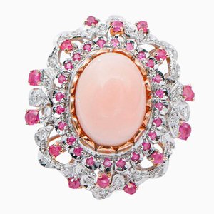 14 Karat Rose Gold Ring with Coral, Rubies and Diamonds