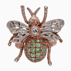 Rose Gold and Silver Fly Ring with White Sapphire, Tsavorite and Diamonds