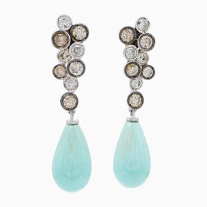 Boucles d'Oreilles en Or Blanc 14 Carats avec Turquoise et Diamants, 1980s, Set de 2