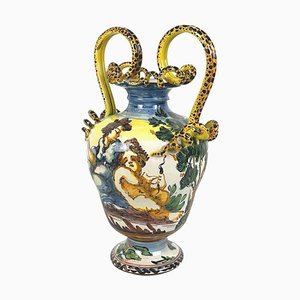 Handgefertigte italienische Albisola Vase aus handbemalter Keramik, 1900er