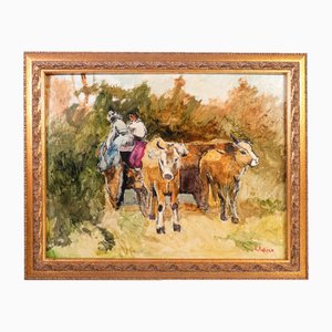 R. Salino, Cart and Oxen, Oil on Panel, 1980s, Framed