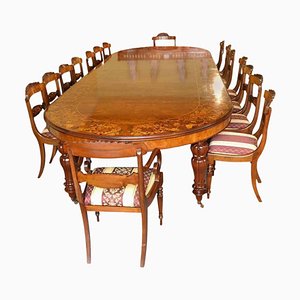 Burr Walnut Marquetry Dining Table and Chairs, 1990s, Set of 19