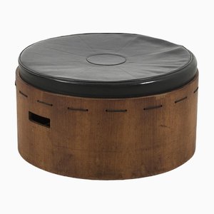 Leather & Plywood Round Pouf