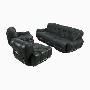 Sofa mit Armlehnstühlen aus Dunkelgrünem Leder mit Chrom, 3er Set