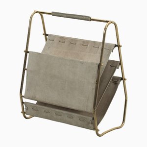 Vintage Magazine Rack in Brass and Suede