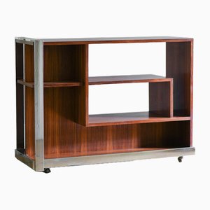 Mid-Century Console in Chromed Metal Wood with Shelves and Wheels, 1950s