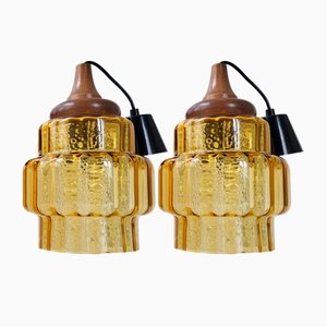 Scandinavian Pendant Lights in Glass & Teak attributed to Carl Fagerlund for Orrefors, 1960s, Set of 2