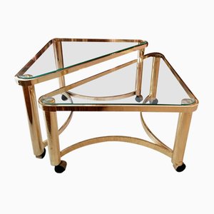 Vintage Triangular Gold Metal & Glass Nesting Coffee or Side Tables on Casters from Design Institute of America, 1980s, Set of 2