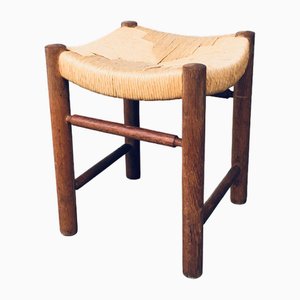 French Rustic Oak and Rush Stool, 1950s