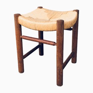 Tabouret Rustique en Chêne et Rush, France, 1950s