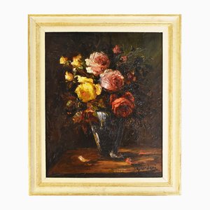Italo Giordani, Bouquet of Roses, Oil on Wood, 1930, Encadré
