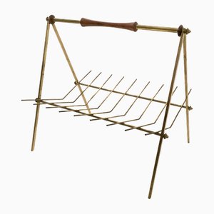 Vintage Italian Magazine Rack in Brass and Wood, 1950s