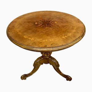 English Round Pedestal Table with Marquetry Décor and Tripod Base, 1890s
