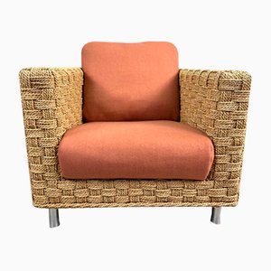 Vintage French Woven Rattan Wicker Armchair with Cushions from Ligne Roset