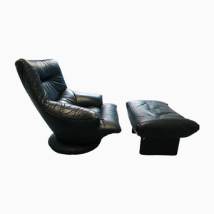 Silla y otomana de escay negro de Ligne Roset, 1971. Juego de 2