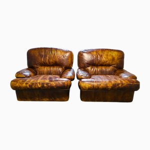 Vintage Brown Leather Club Armchairs from Roche Bobois, 1971, Set of 2