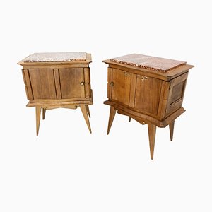 Vintage French Nightstands in Oak and Marble Top, 1960s, Set of 2