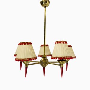 French Hanging Lamp in Brass and Red Resin, 1960