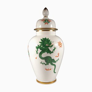 Vaso grande con coperchio e drago Ming verde di Meissen, 1972