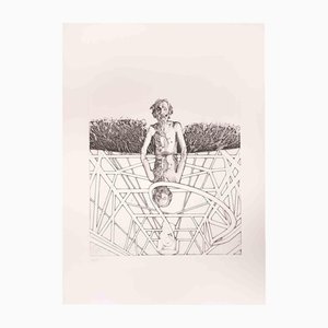 Franco Mulas, Man Gets Wet in the Pond of Ottana, Etching, 1974