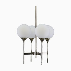 Atomic Chandelier with 4 Opaline Glass Spheres and Chrome Base by Gaetano Sciolari, 1970s