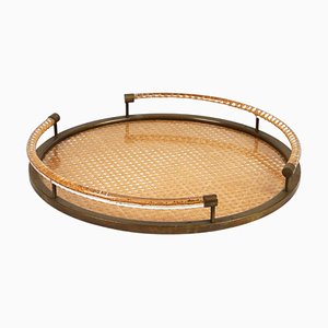 Vintage Serving Tray in Rattan and Brass from Christian Dior, 1970s