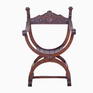 Savonarola Stuhl aus Holz mit geschnitzten Armlehnen, Ende 1800