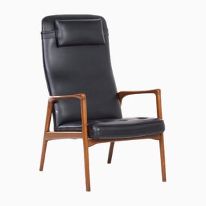 Danish Armchair in Teak and Black Leatherette, 1970s