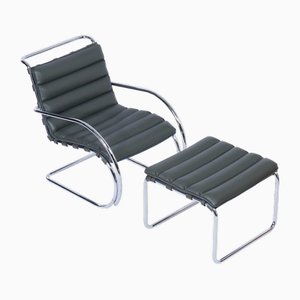 Set of Bauhaus MR40 Lounge Chair with Ottoman in Leather by Mies Van Der Rohe for Knoll, 2000s