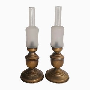 Portuguese Brass and Frosted Glass Bedside Lamps, 1960s, Set of 2