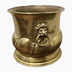 Large Arts and Crafts Brass Jardiniere with Lions Mask Handles, 1890s
